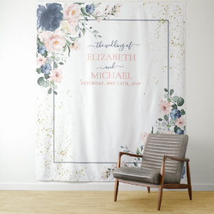 Tenture Mariage Floral Bleu Poussiéreux Rose Doré