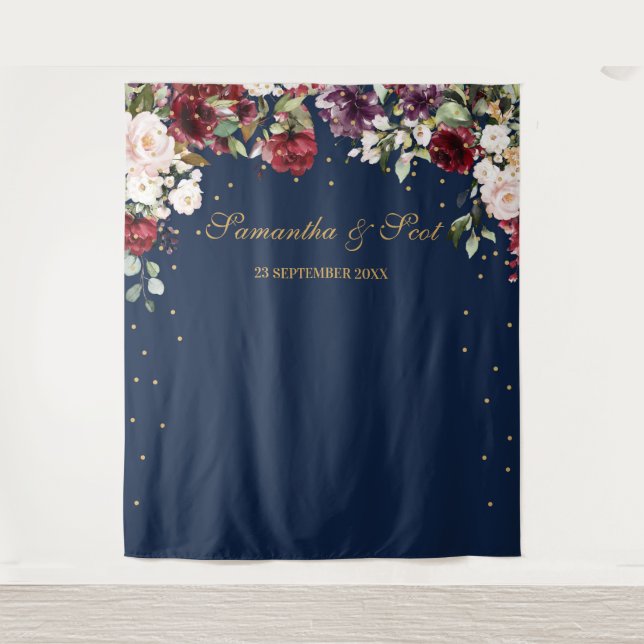 Tenture Mariage floral boho burgundy rose blush marine (Devant)
