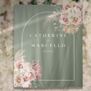 Tenture Mariage Floral Boho Herbe de Pampas Vert Sauge