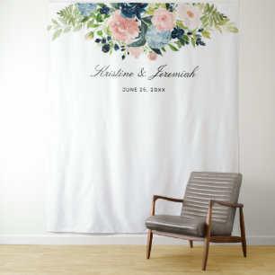 Tenture Mariage Floral Élégant Bleu Nuit Rose Blush