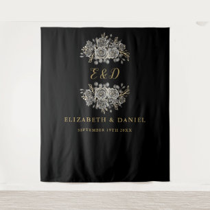 Tenture Mariage Floral Gothique Monogramme Or Noir