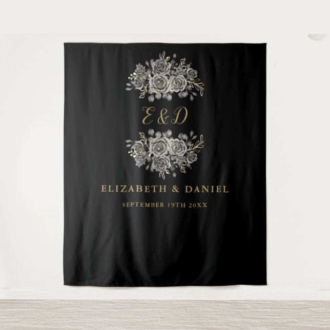 Tenture Mariage Floral Gothique Monogramme Or Noir (Devant)