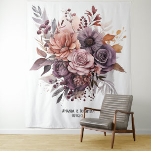 Tenture Mariage Floral prune, gris, cuivre et rose poudrée