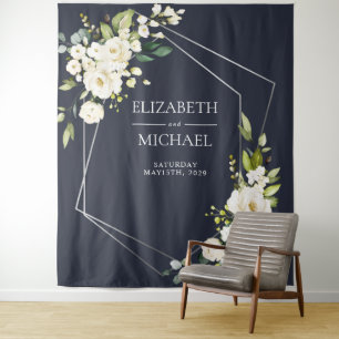 Tenture Mariage Géométrique Argent Bleu Nuit Floral Blanc