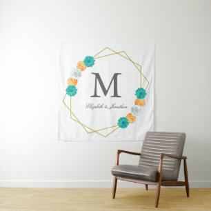 Tenture Mariage géométrique floral orange sarcelle