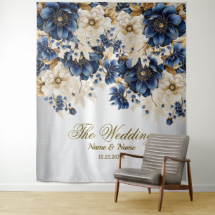 Tenture Mariage Marine Bleu Blanc Or Floral Argent