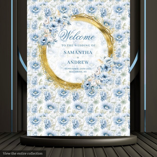 Tenture Mariage moderne Bohême Bleu Lumière Or fond (Modern Bohemian Light Blue Gold Wedding Backdrop)