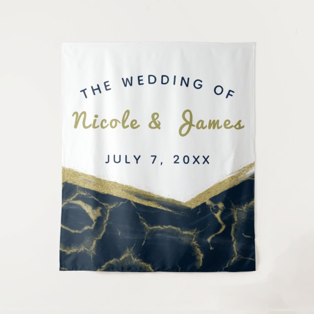 Tenture Mariage Moderne Chic Marbre Bleu Marine Blanc Et O (Devant)