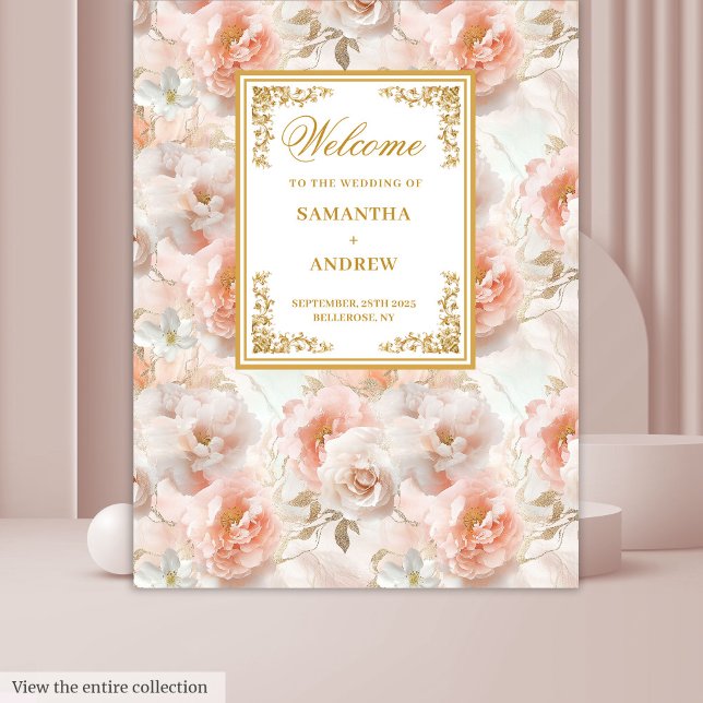 Tenture Mariage moderne doré rose rose doré fond (Modern dusty pink gold floral wedding backdrop)