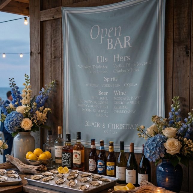 Tenture Mariage Open Bar et Boisson Signature Coastal Blue (Give your open bar and added touch of elegance with this Open Bar and Signature Drink Tapestry!)