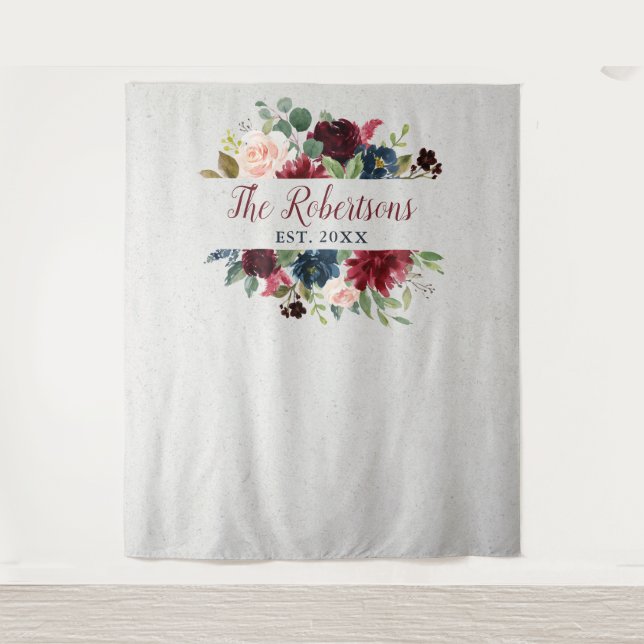 Tenture Mariage personnalisé avec fleurs de marsala et de  (Devant)