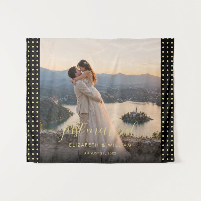 Tenture Mariage personnalisé pois dorés et noirs (Devant (Horizontal))