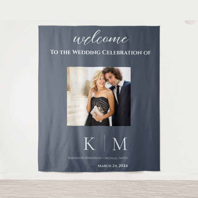 Tenture Mariage photo bleu et blanc- (Devant)