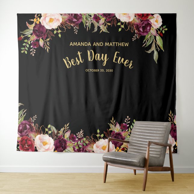 Tenture Mariage Photo Booth Bourgogne Floral Gold Black (En situation (horizontale))