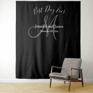 Tenture Mariage Prop Noir Gris Monogramme Nom Photobooth