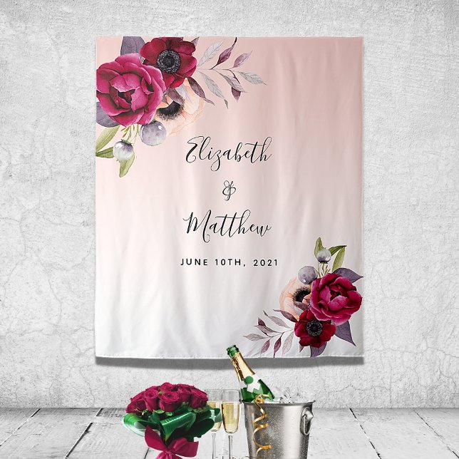 Tenture Mariage rose gold blush florales bordeaux (Créateur téléchargé)