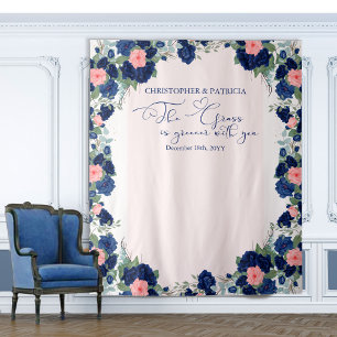 Tenture Mariage Royal Rose Bleu Corail Bordure Florale