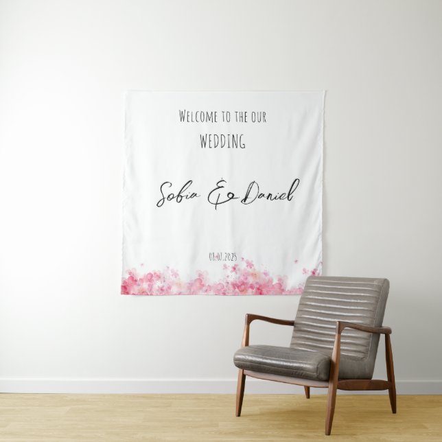 Tenture Mariage rustique aquarelle fleur rose (En situation)