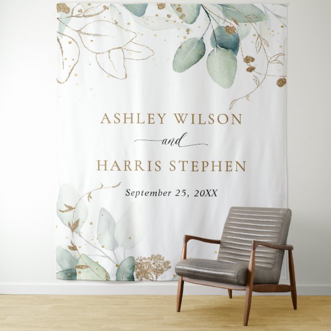 Tenture Mariage Rustique Eucalyptus Vert et Or (En situation)