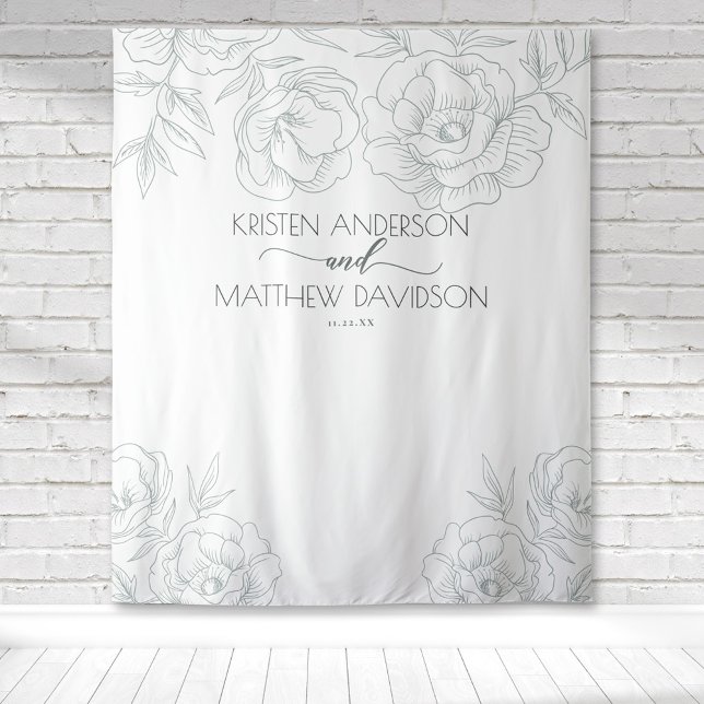 Tenture Mariage Vintage Floral Botanique Gris (Grey floral outline modern wedding backdrop for an elegant modern botanical feel.)