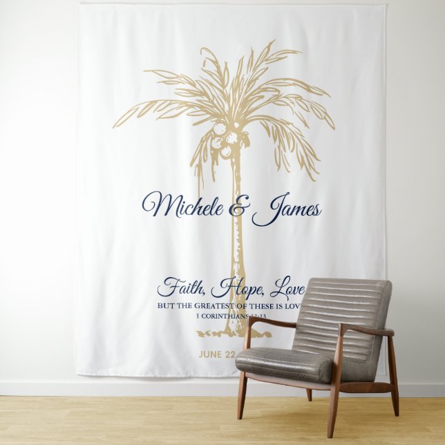 Tenture Marine Blue Gold Palm Tree Tropical Mariage fond (En situation)