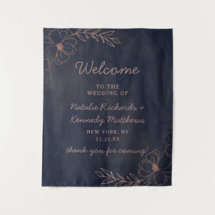 Tenture Marine Blue & Rose Gold Foil Mariage Floral Bienve