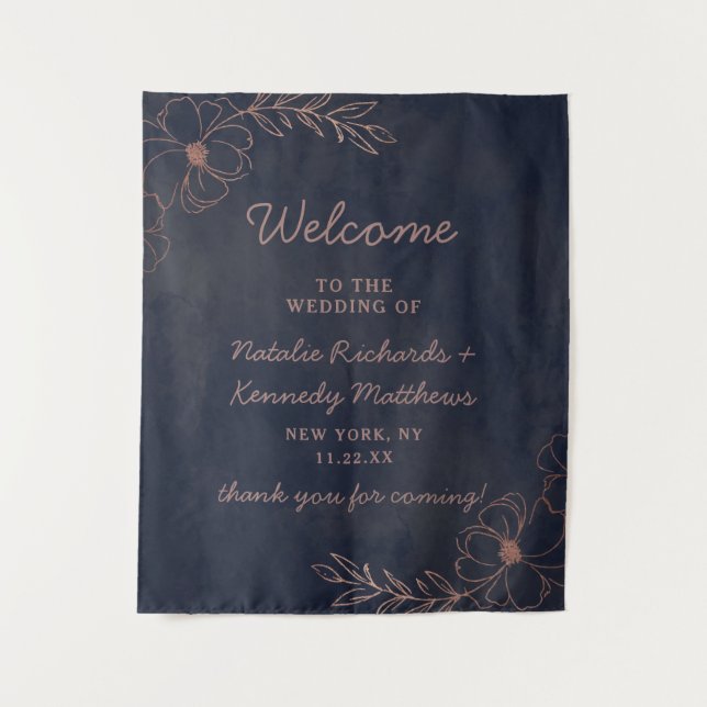 Tenture Marine Blue & Rose Gold Foil Mariage Floral Bienve (Devant)