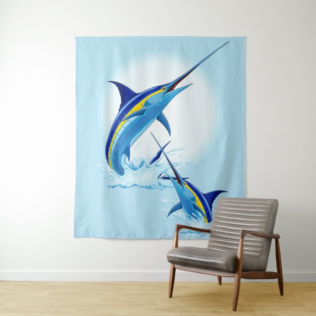 Tenture Marlin Bleu Jaillissant de l'Océan (En situation)