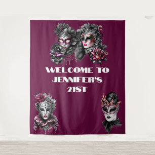 Tenture Mascarade boule rose noir masques argent fuchsia
