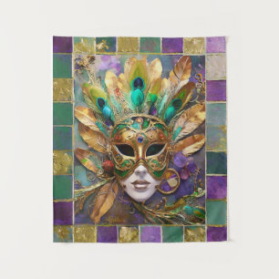 Tenture Masque de plumes de paon vert et or de Mardi Gras