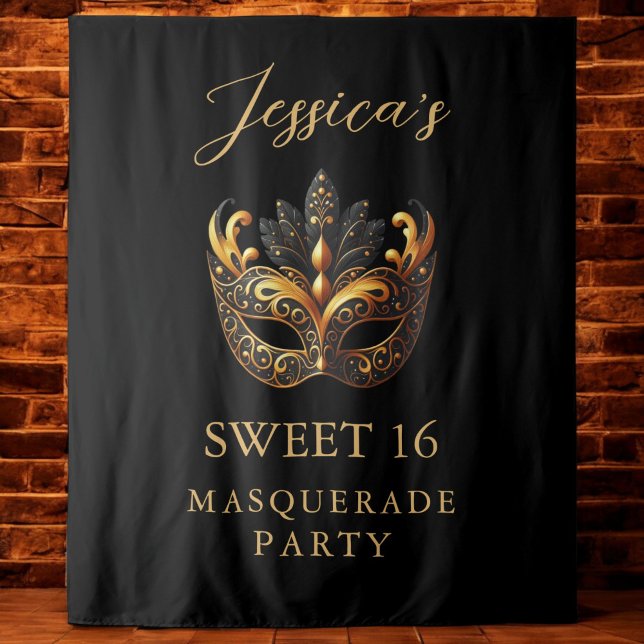 Tenture Masquerade Black Gold Sweet 16 Anniversaire Bienve (Créateur téléchargé)