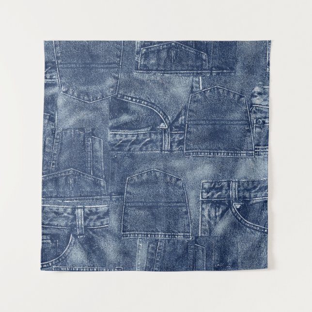 Tenture Matériau Denim dans un motif de poche patchwork. (Devant)