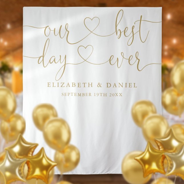 Tenture Meilleur Jour Gold Heart Script Mariage Photo fond (Best Day Gold Heart Script Wedding Photo Backdrop)