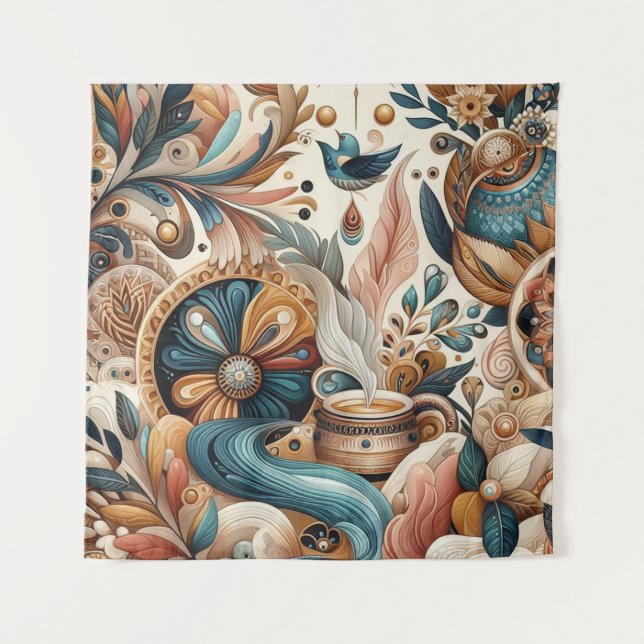 Tenture Mélange bohème de fleurs turquoises, magenta, viol (Devant)