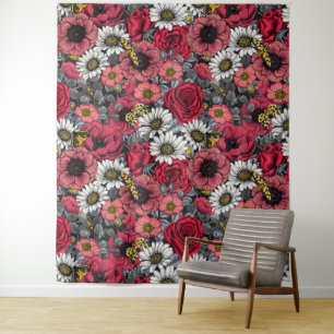 Tenture Mélange de fleurs en rouge et gris