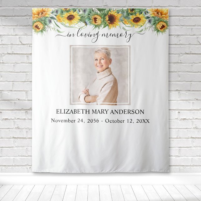 Tenture Mémorial tournesol photo en souvenir affectueux (Sunflower watercolor floral botanical memorial tapestry to honor your loved one.)