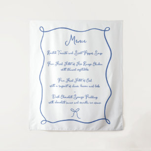 Tenture Menu Mariage de tissu bleu français avec fond tiré