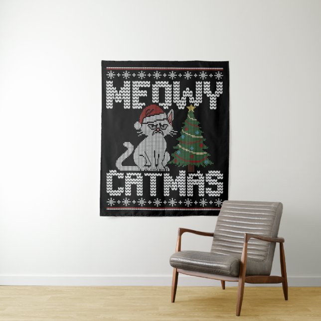 Tenture Meowy Catmas Knitted Cat Tapestry (En situation)