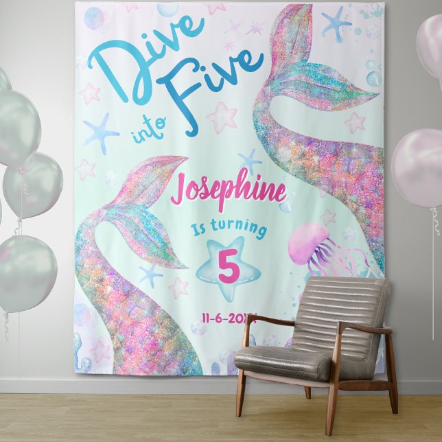 Tenture Mermaid dive into five 5th birthday welcome large (Créateur téléchargé)