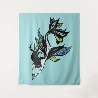 Tenture Mermaid gothique Beau dessin d'encre bleue verte