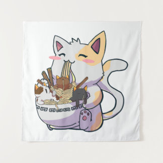 Tenture Mignon chat Neko avec bol de nouilles Ramen Anime 