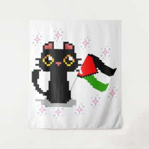 Tenture mignon chat noir tient drapeau de la Palestine