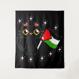 Tenture mignon chat noir tient drapeau de la Palestine