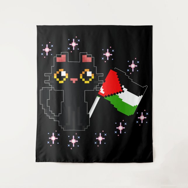 Tenture mignon chat noir tient drapeau de la Palestine (Devant)