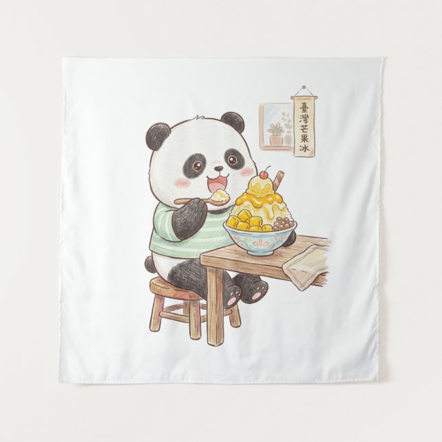 Tenture Mignon panda mangeant de la glace râpée de mangue  (Devant)