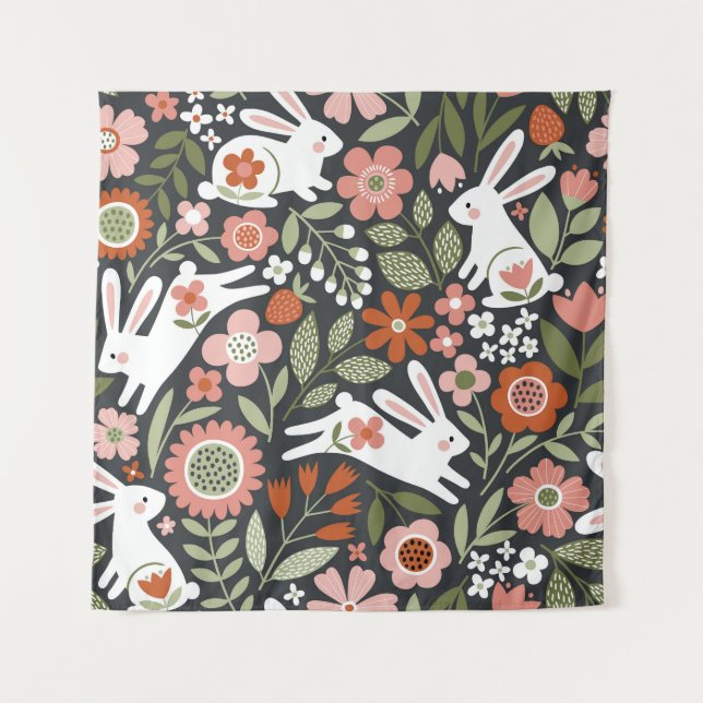 Tenture Mignons lapins blancs, motif vintage fleuri. (Devant)