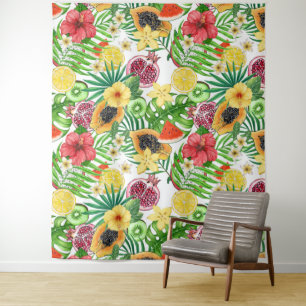 Tenture Mix-fruit tropical, fleurs et feuilles sur blanc