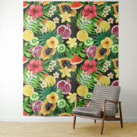 Mix-fruits tropicaux, fleurs et feuilles en noir