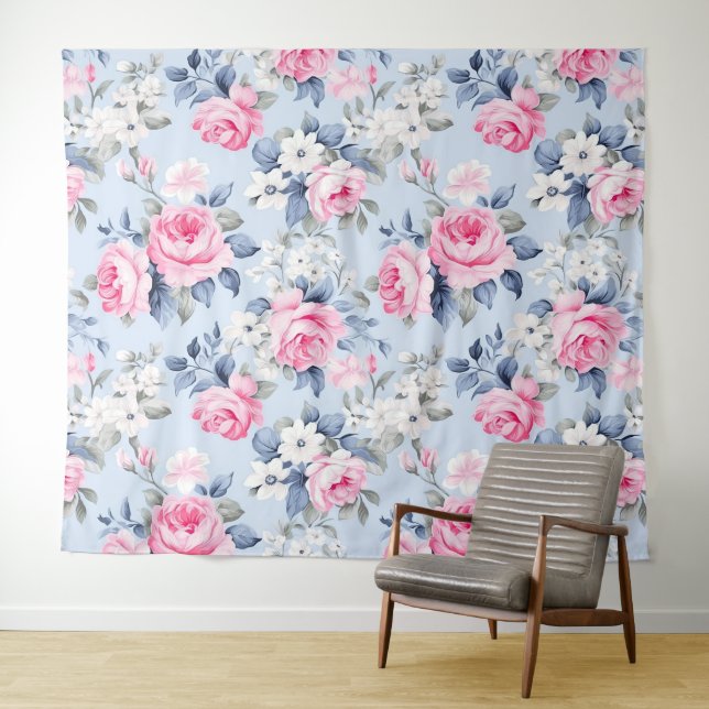 Tenture Modèle de roses roses shabby chic (En situation (horizontale))