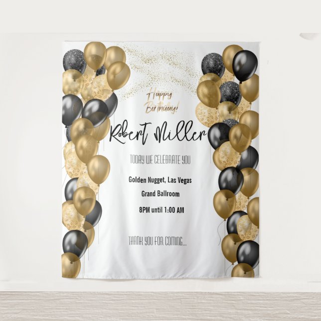 Tenture Modèle Joyeux Anniversaire Noir Or - Transparent (Devant)